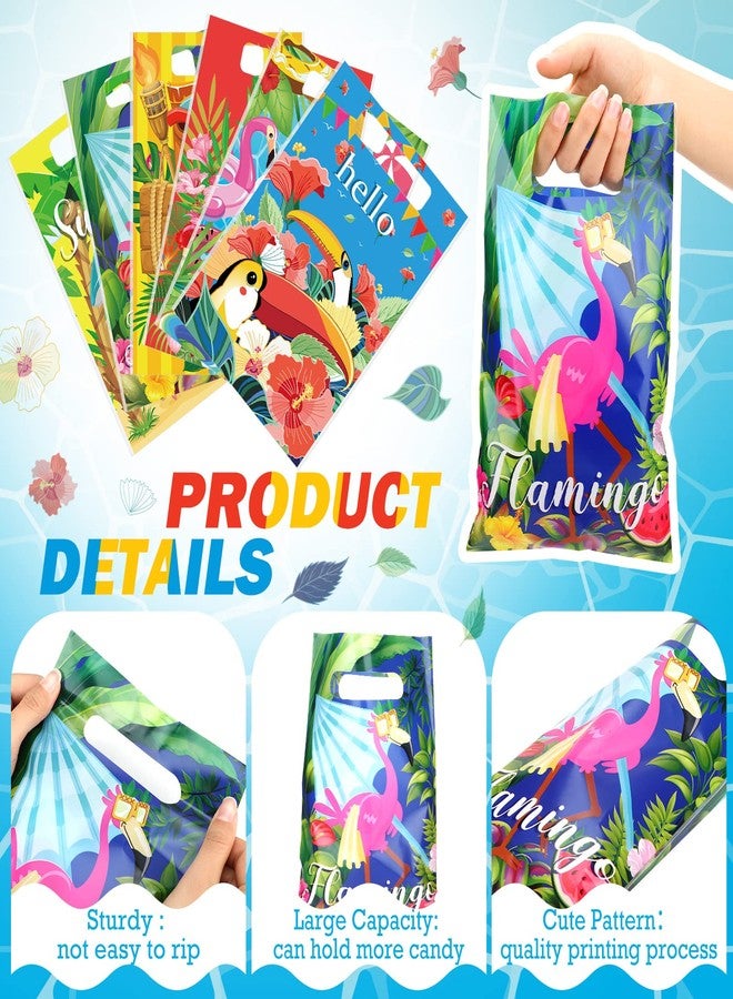 Perthlin 150 Pieces Luau Hawaiian Gift Bags for Kids Summer Tropical Party Favor Hawaiian Goodie Aloha Flamingo Plastic Treat Bags with Handles for Summer Goody Gift Party Supplies, 6 Styles - Image 3